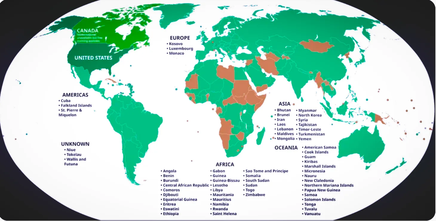 An unofficial, community-created world map showing Mint Mobile's Minternational roaming availability. Countries highlighted in green represent supported roaming destinations, while brown areas indicate countries where service is unavailable. Text at the bottom notes that Canada is free for all Mint users.