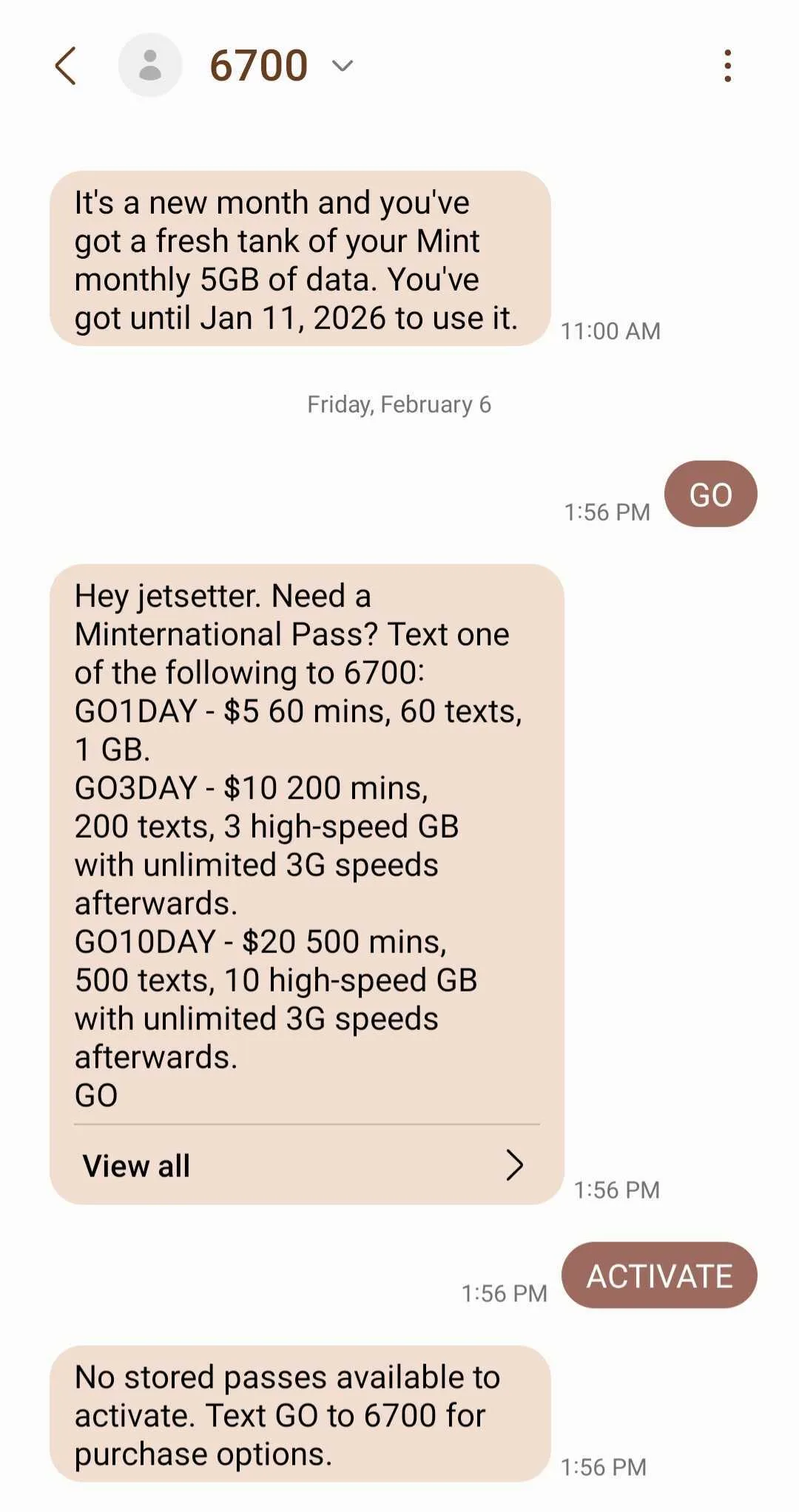 A mobile text message conversation with the number 6700. The user texts "GO" and receives a list of shortcodes to purchase Minternational passes: GO1DAY ($5), GO3DAY ($10), and GO10DAY ($20). A second user text shows the command "ACTIVATE" followed by a response stating no stored passes are available.