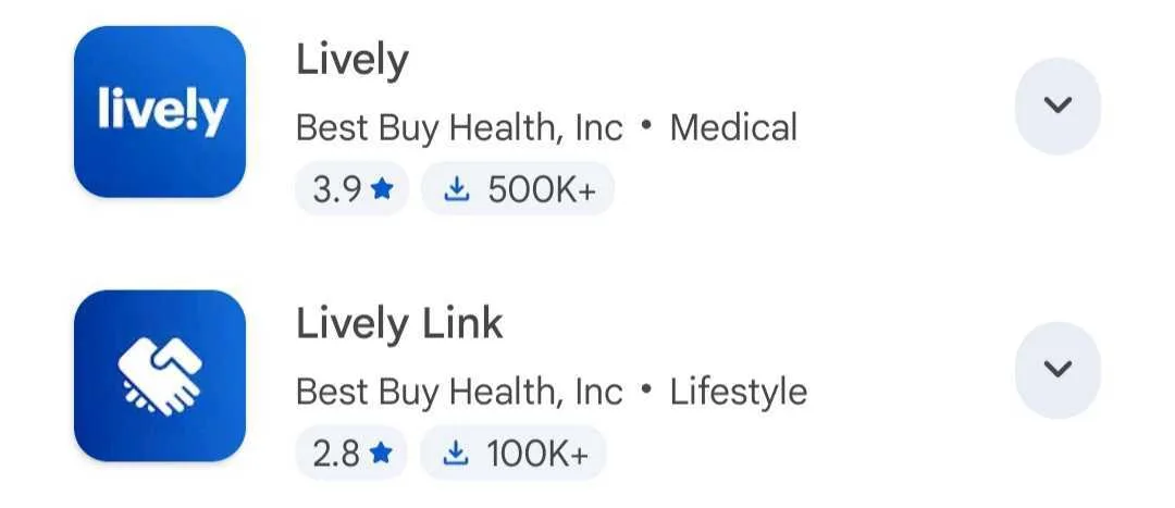 App Store listing for two apps by Best Buy Health, Inc. The "Lively" medical app has a 3.9-star rating and over 500,000 downloads. The "Lively Link" lifestyle app has a 2.8-star rating and over 100,000 downloads.