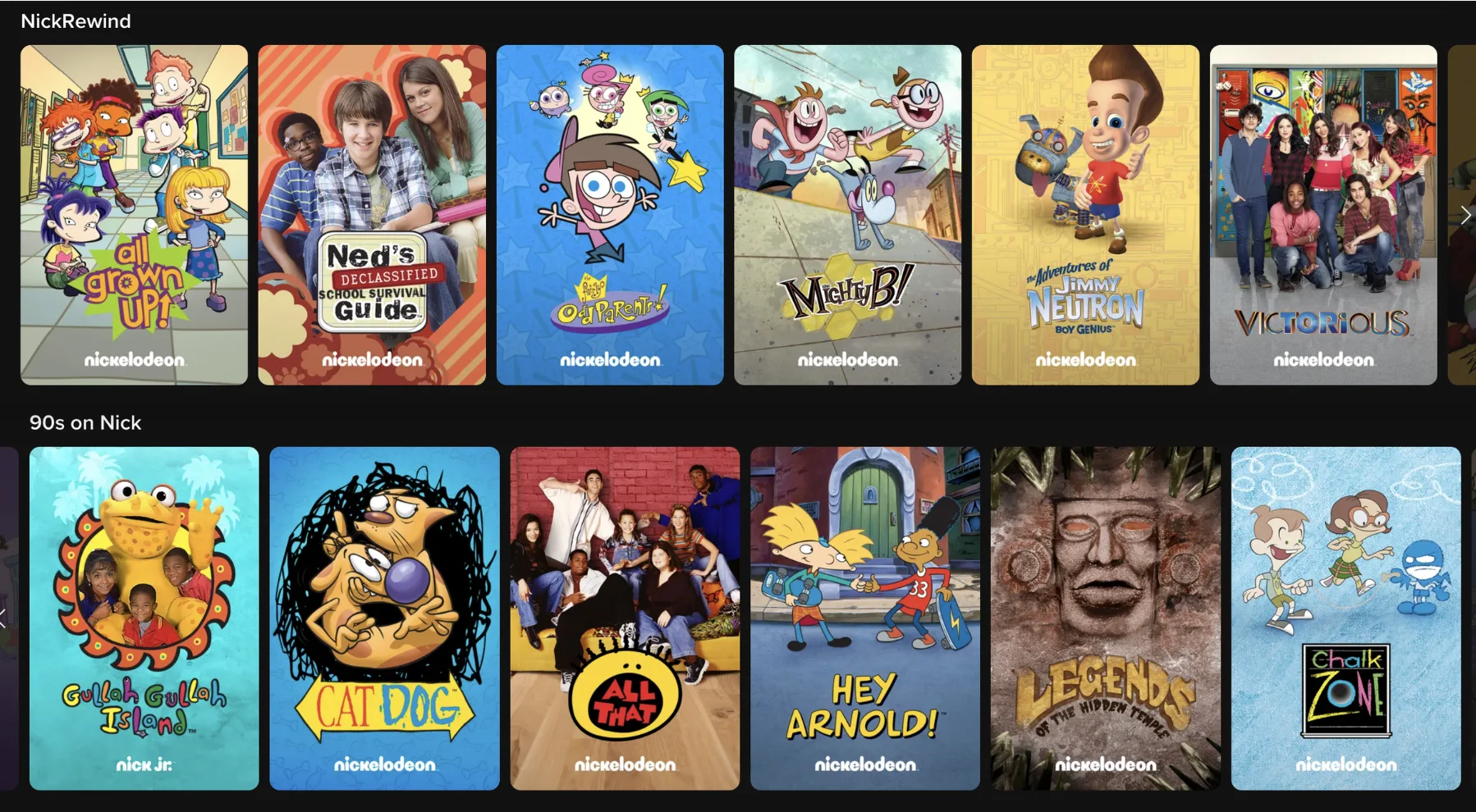 The Paramount Plus app with two rows of TV show options titled “NickRewind” and “90s on Nick.” Show titles include “All Grown Up!”, “Victorious”, “Hey Arnold!”, and “Chalk Zone.”