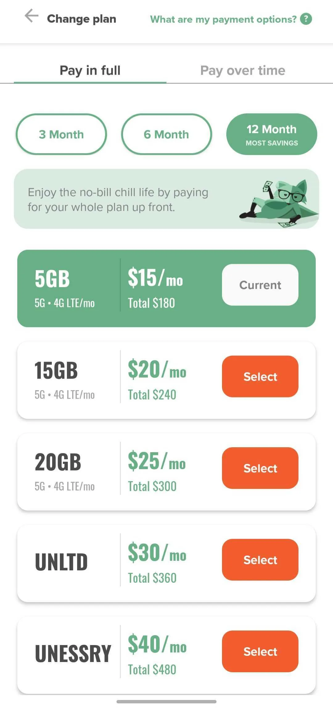 Mint Mobile app interface, showing a user’s current data usage and a list of available plan upgrade options.