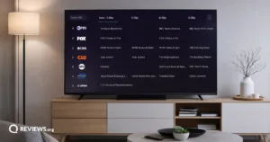 Xfinity channel guide displayed on a living room TV, showing PBS, FOX, CBS, and other network listings.