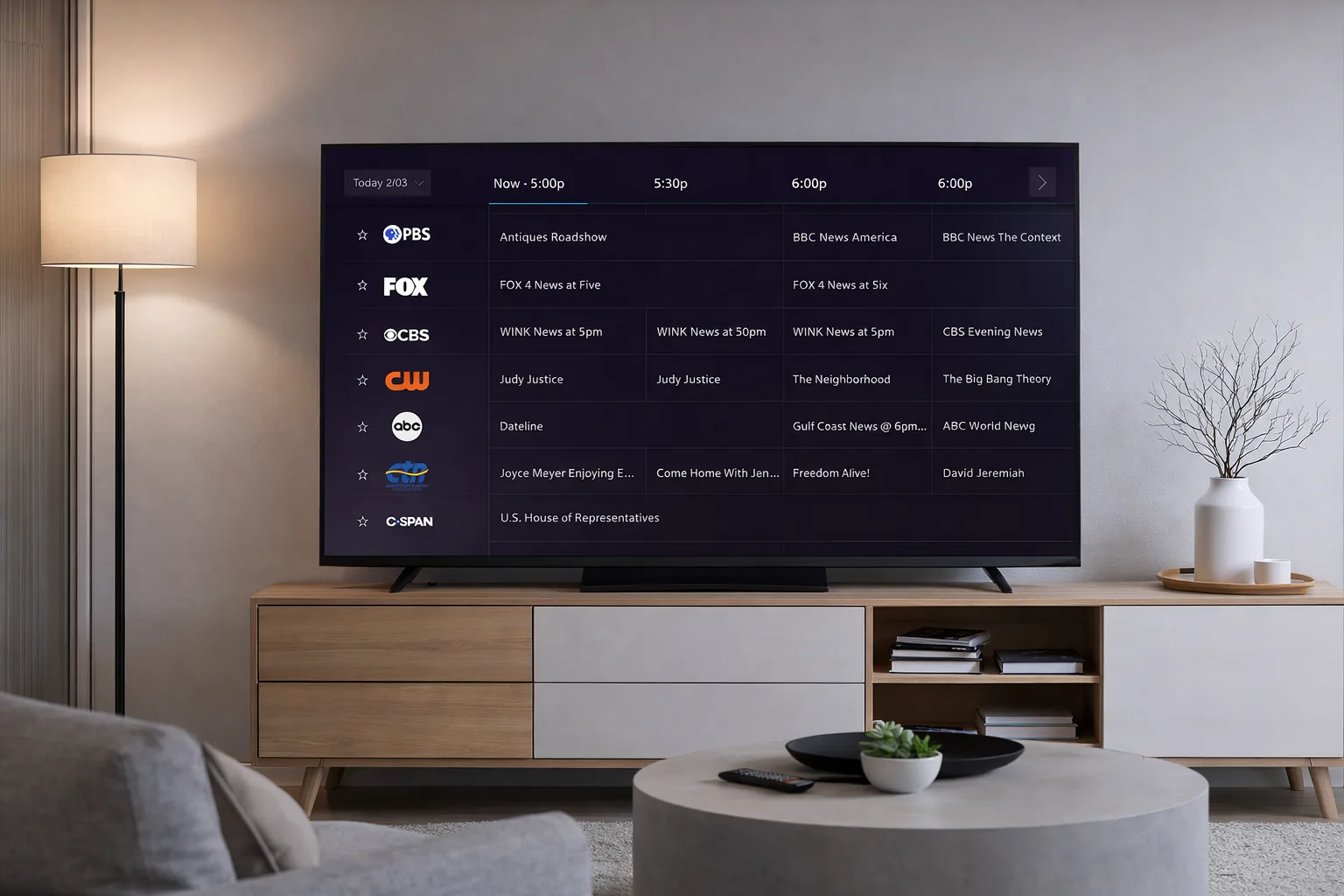 TV screen showing the Xfinity channel guide with multiple channels and program listings.