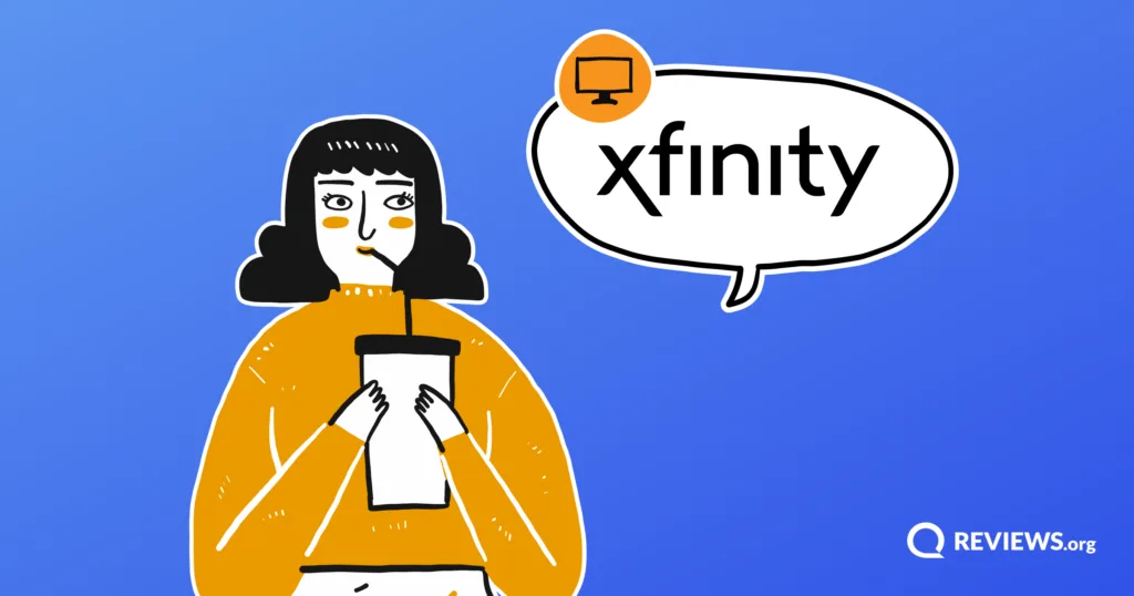 Cartoon woman holding drink, with a speech bubble displaying the Xfinity TV logo.