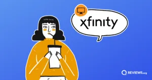 Cartoon woman holding drink, with a speech bubble displaying the Xfinity TV logo.