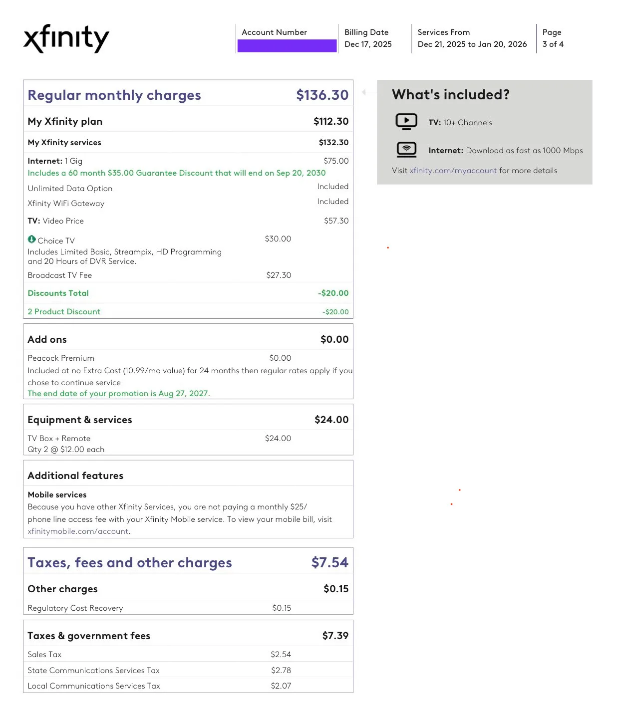 Xfinity TV bill example from February 2026.