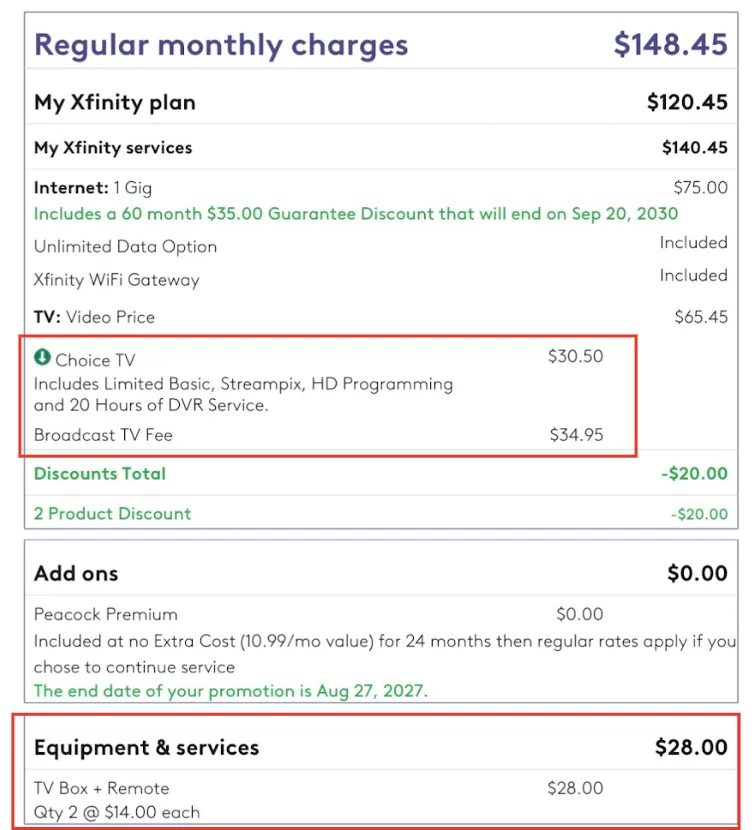 Screenshot of Xfinity TV with X1 DVR bill January 2026