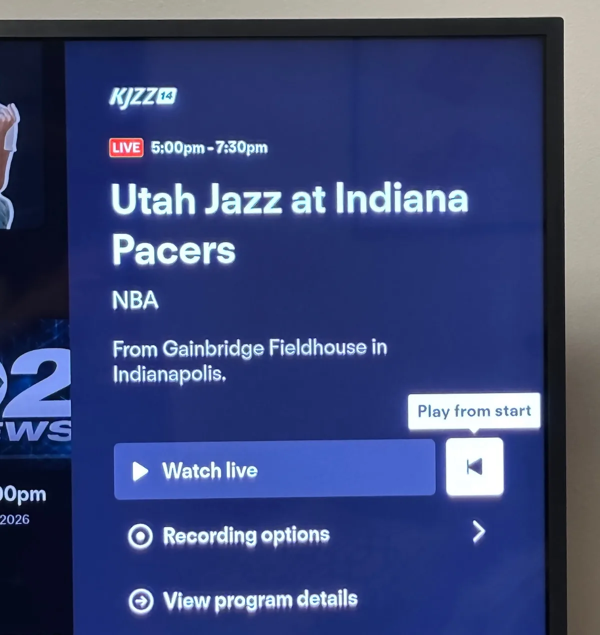 Fubo TV broadcast viewing and recording options as seen on an LG TV.