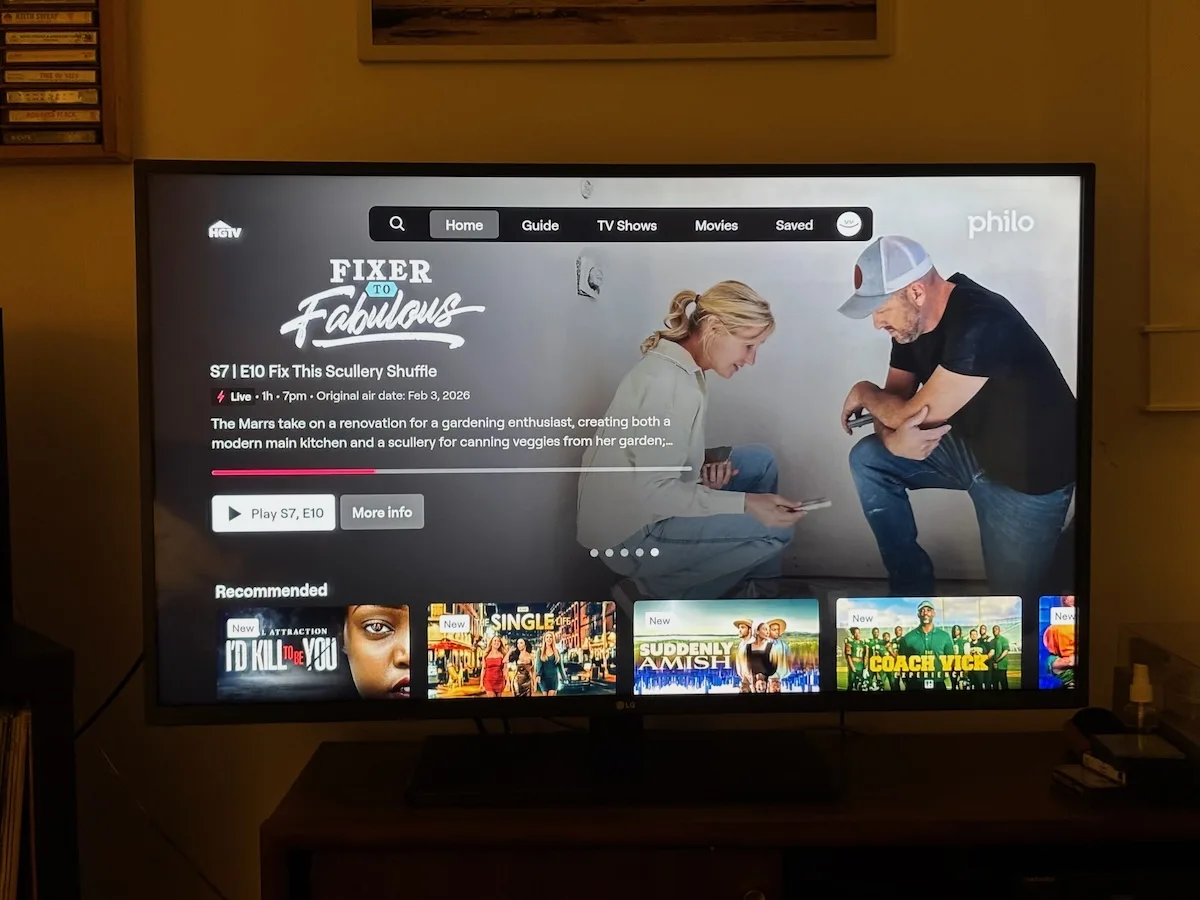 Philo app main menu with navigation options and popular channels.