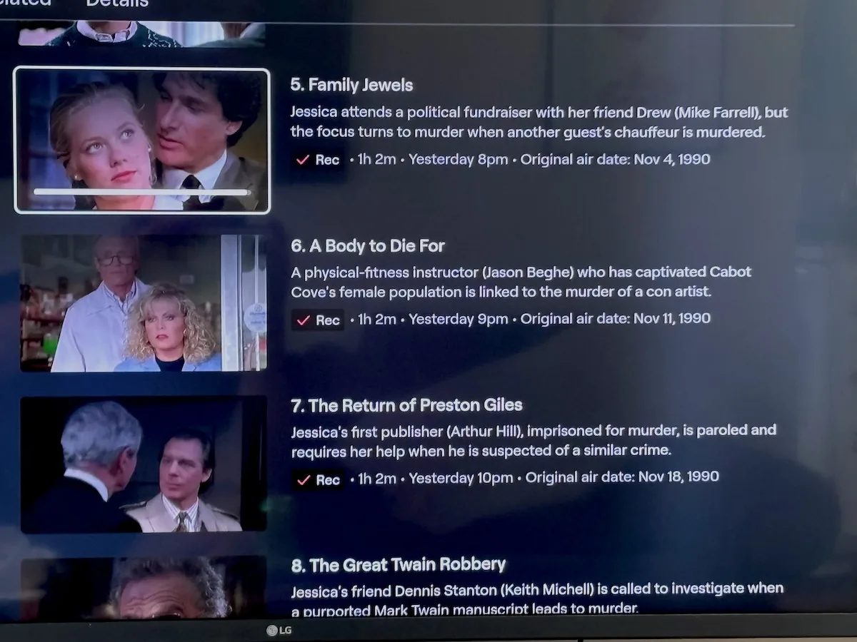 A list of episodes of the hit 1990s murder-mystery TV series Murder, She Wrote that were recorded by Philo.