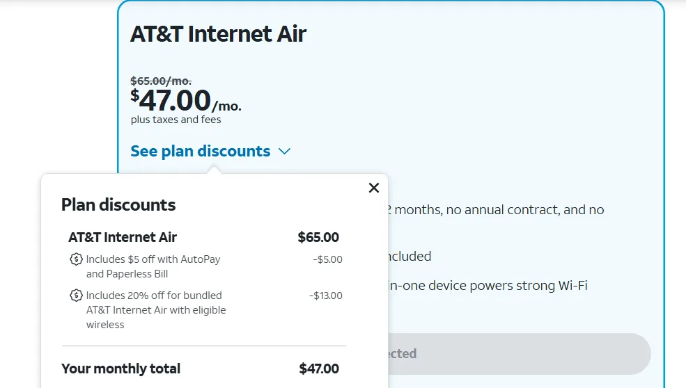 AT&T checkout page showing the purchase of AT&T Internet Air and a 20% bundle discount.