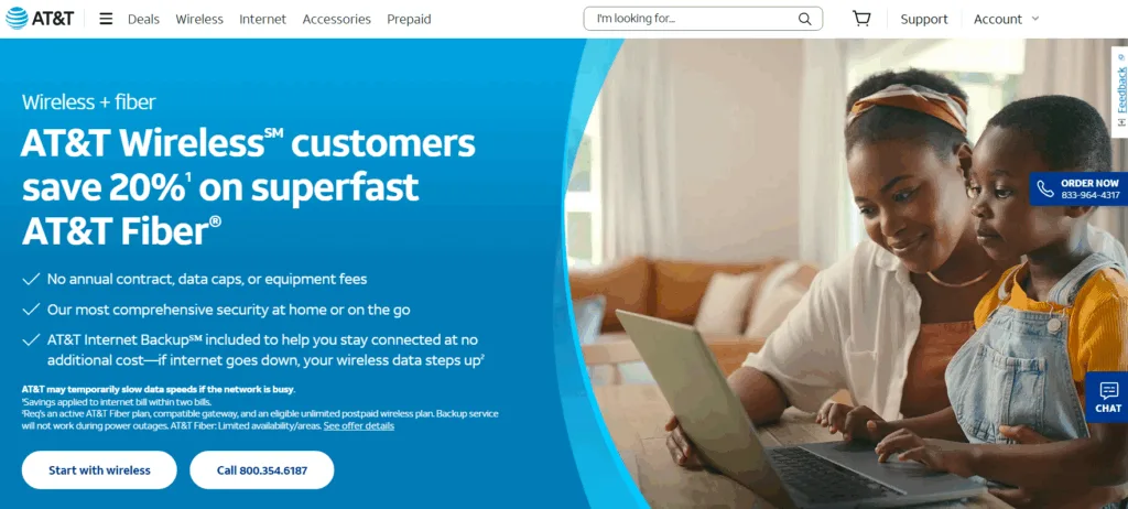 AT&T deal highlighting how its customers can save 20% on AT&T Fiber when bundled with AT&T Wireless. On the right-hand side, we see a woman with her child browsing on a laptop, showing how having good internet is part of daily life.