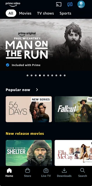 Amazon Prime Video iPhone app homepage, displaying some Prime originals and other popular or newly released content
