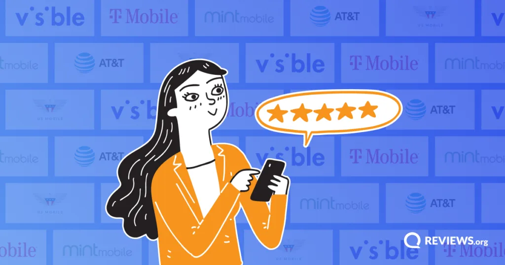 Cartoon woman holding a phone with a five-star rating, surrounded by logos of top cell phone carriers including Visible, T-Mobile, Mint Mobile, AT&T, and US Mobile.