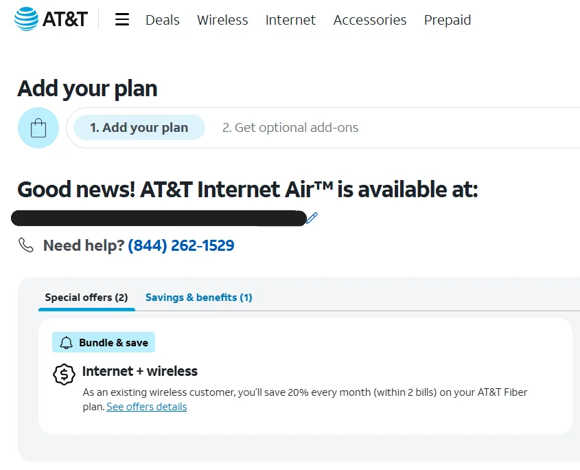 AT&T checkout page showing the purchase of AT&T Internet Air. On the right-hand side, it displays the total savings from the available promotions.