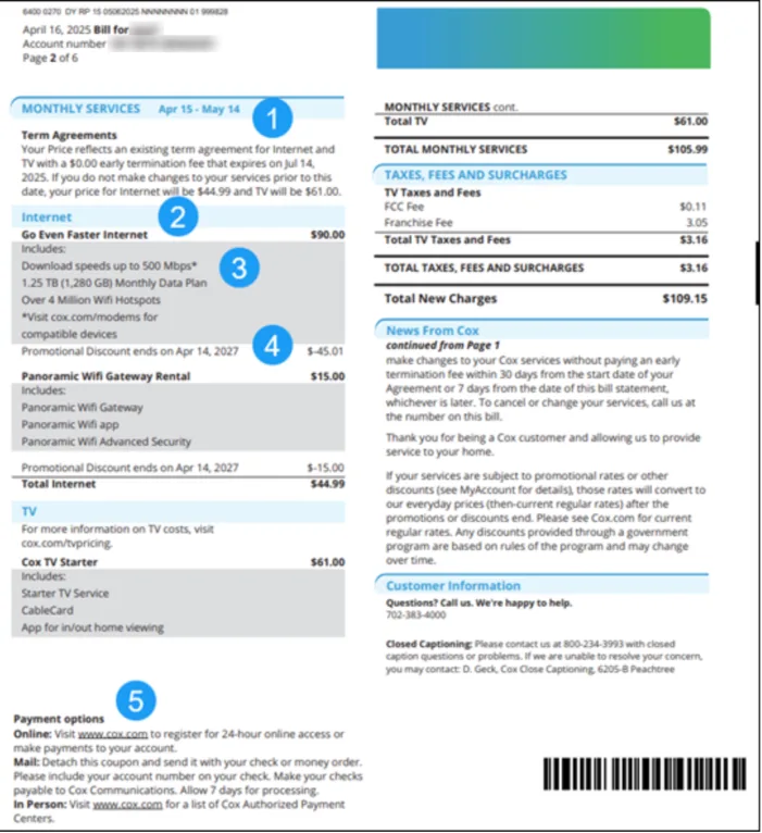 Second page of a Cox bill, showing itemized charges for internet, Wi-Fi Gateway rental, and TV service.