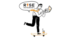 Rise Broadband logo in speech bubble above cartoon man holding a laptop on a skateboard