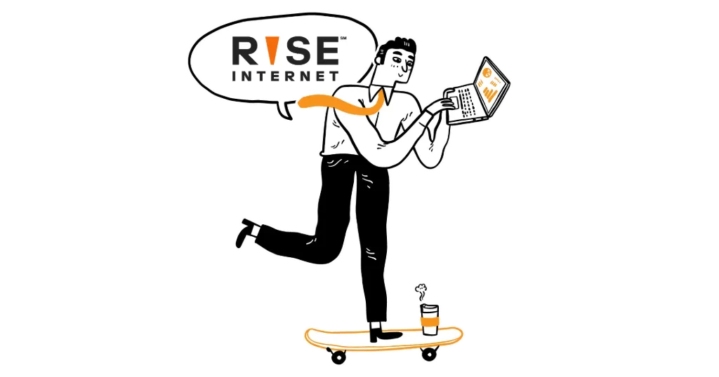 Rise Broadband logo in speech bubble above cartoon man holding a laptop on a skateboard