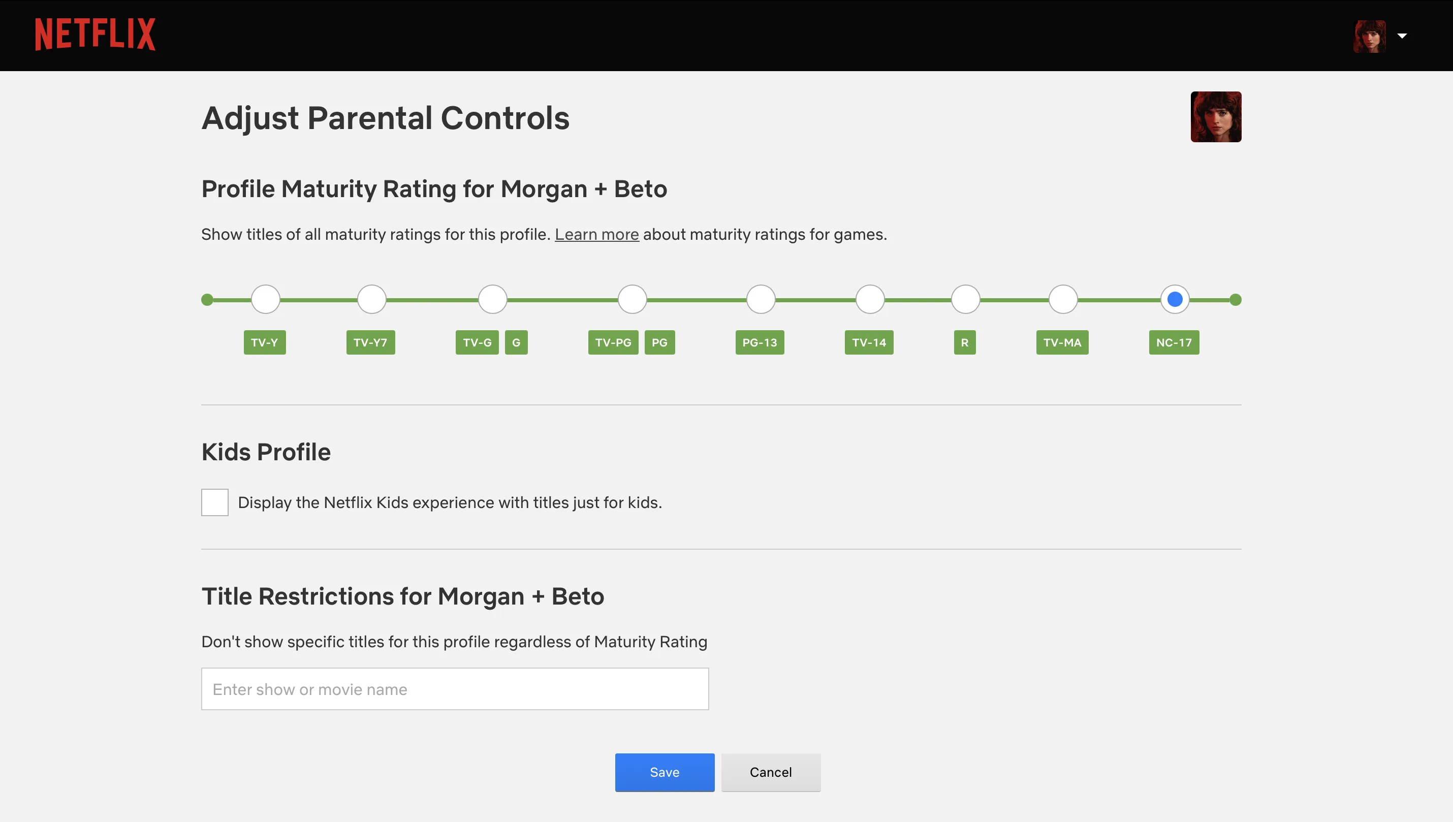 Screenshot of the Netflix parental setting controls, displaying several options for ratings that can be locked by the account owner.