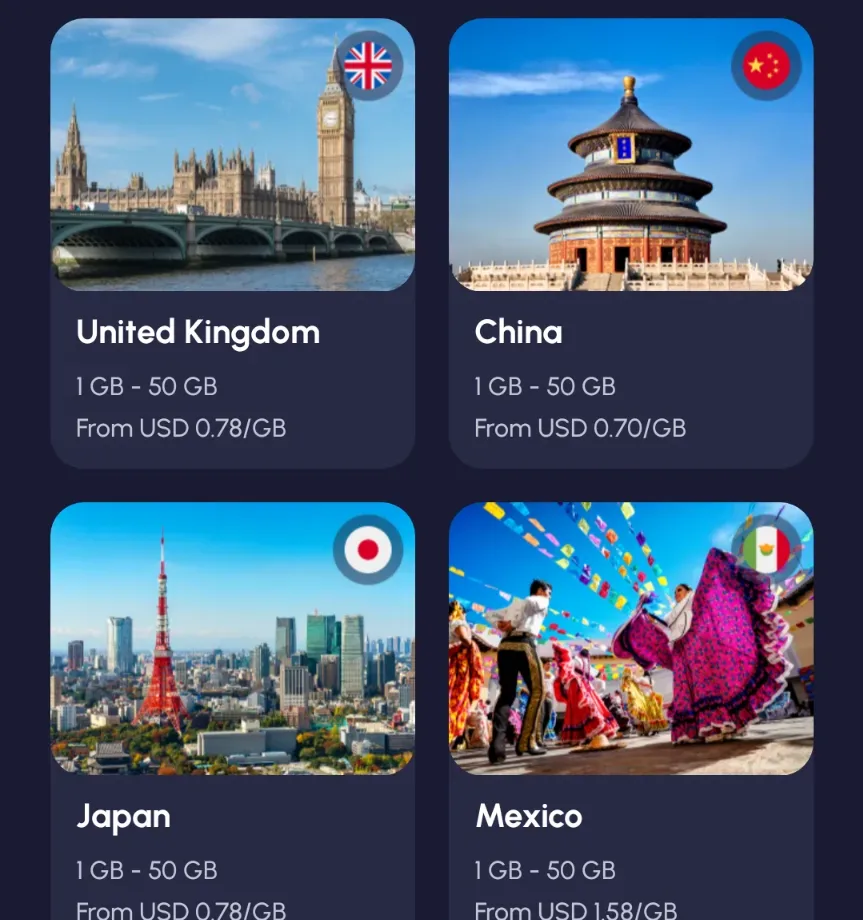 Screenshot of the Nomad eSIM app showing available country options like the United States, Canada, the United Kingdom, China, Japan, and Mexico