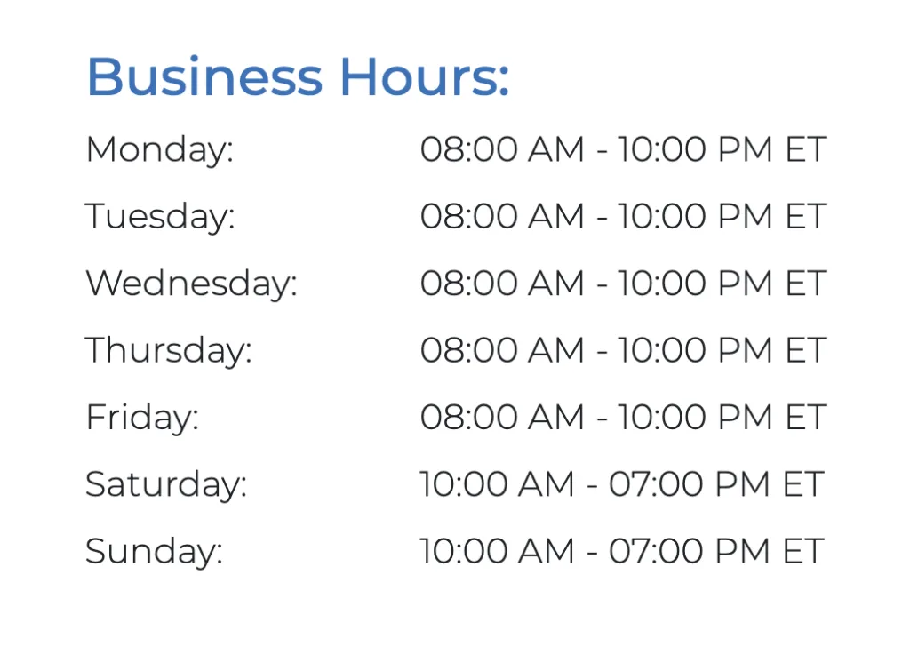 A schedule of PureTalk customer service business hours in Eastern Time. Monday through Friday hours are 8:00 AM to 10:00 PM ET. Saturday and Sunday hours are 10:00 AM to 07:00 PM ET.