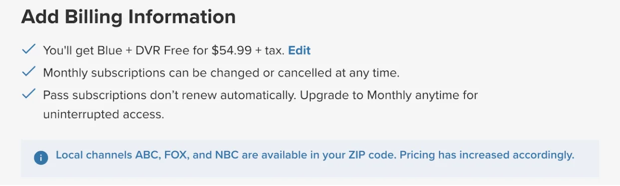 Sling TV price for Sling Blue package for a customer in New York City.