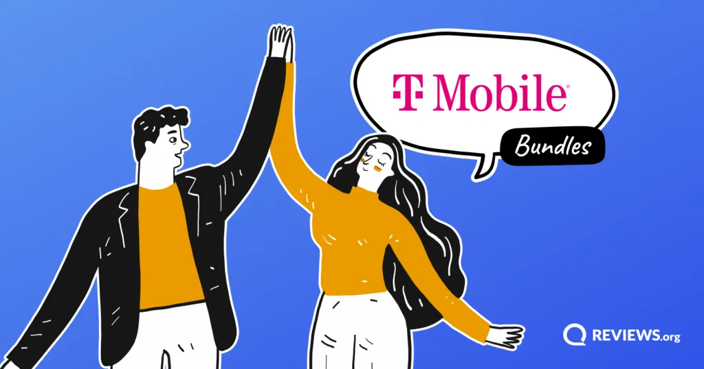 Cartoon man and woman dancing with a speech bubble with the T-Mobile bundles logo inside.
