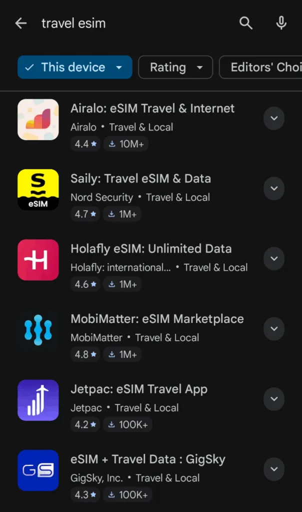 Screenshot of Google Play Store search results for "travel eSIM," showing top apps including Airalo, Saily, Holafly, MobiMatter, Jetpac, and GigSky with ratings.