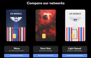 A screenshot showing the three networks available on US Mobile: Warp (“Our MVP for good reason”), Dark Star (“Unmatched coverage”), and Light Speed (“Speed and compatibility”).