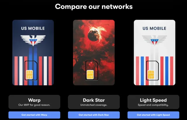 A screenshot showing the three networks available on US Mobile: Warp (“Our MVP for good reason”), Dark Star (“Unmatched coverage”), and Light Speed (“Speed and compatibility”).