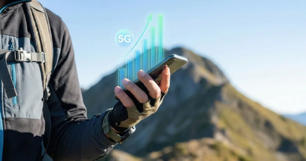 Hiker checking phone signal in the mountains with a 5G coverage graphic overlay, illustrating cell phone carrier coverage in remote areas