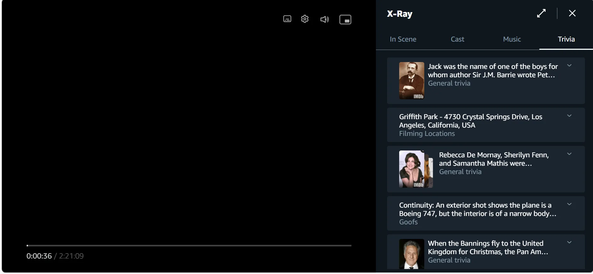 Desktop with Amazon Prime Video X-Ray feature displaying trivia about Steven Spielberg’s “Hook” (1991).