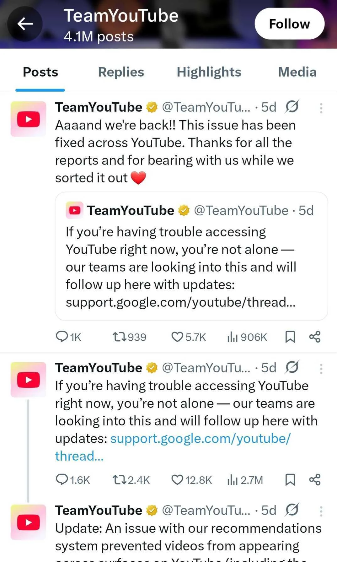 A screenshot of a social media profile for TeamYouTube showing a series of status updates regarding service interruptions. The posts include a notification about a widespread issue preventing videos from appearing, followed by a final update stating the issue has been fixed and thanking users for their reports.