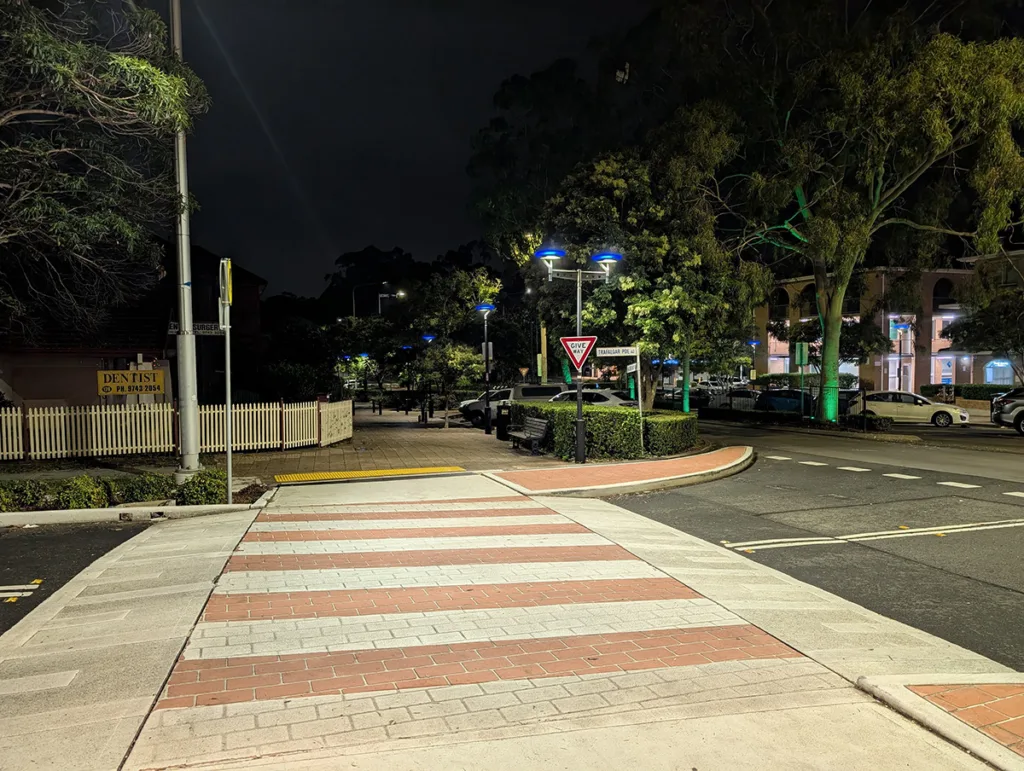 Pixel 10a camera sample photo of zebra crossing at night