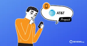 Cartoon man holding a phone, with a speech bubble displaying the AT&T Prepaid logo.