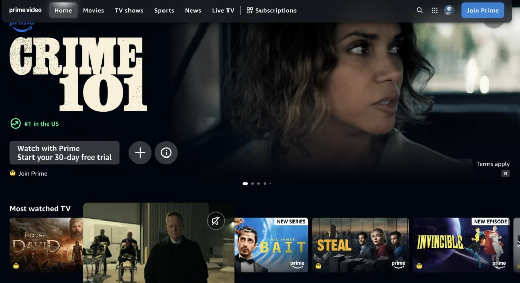 Screenshot of Amazon Prime Video’s website, highlighting top shows and a 30-day free trial.