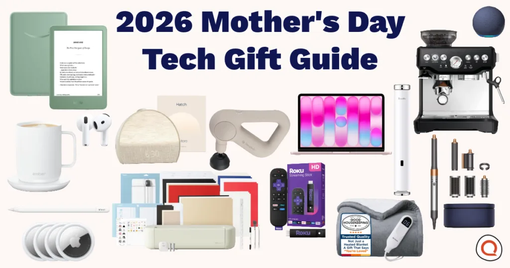 2026 Mother’s Day tech gift guide image showing a collection of products including a Kindle, AirPods, Ember mug, Hatch alarm clock, laptop, Theragun massager, Cricut machine, Roku streaming stick, robot vacuum, Dyson Airwrap, heated blanket, and espresso machine on a neutral background.