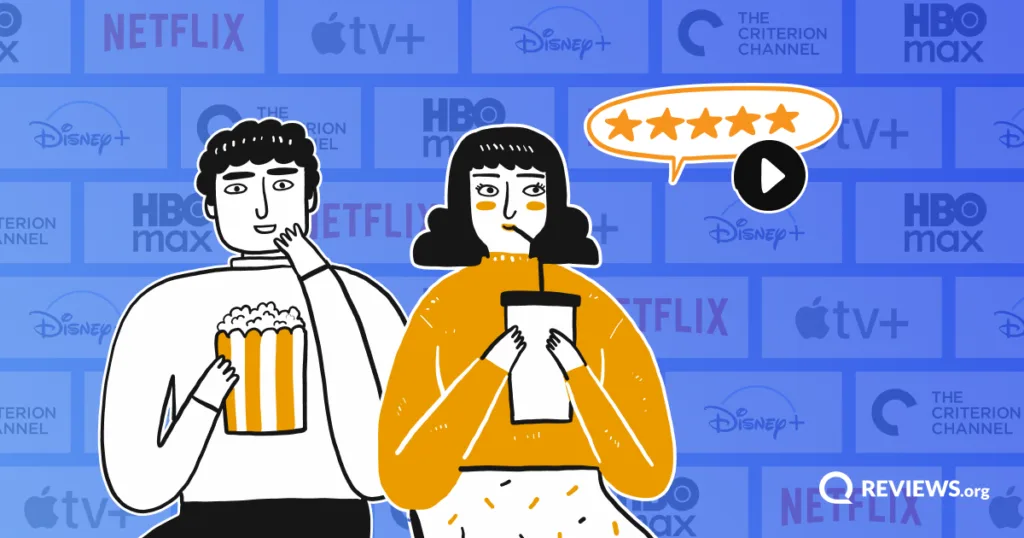 Two illustrated people enjoying movies with popcorn and a drink, surrounded by streaming service logos including Netflix, Disney+, and HBO Max.
