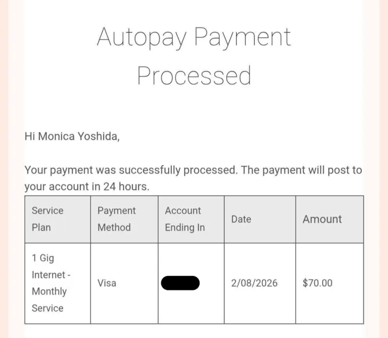 A digital receipt addressed to Monica Yoshida confirming an autopay payment was processed on February 8, 2026. A table shows a $70.00 charge for a "1 Gig Internet - Monthly Service" plan, paid via Visa.