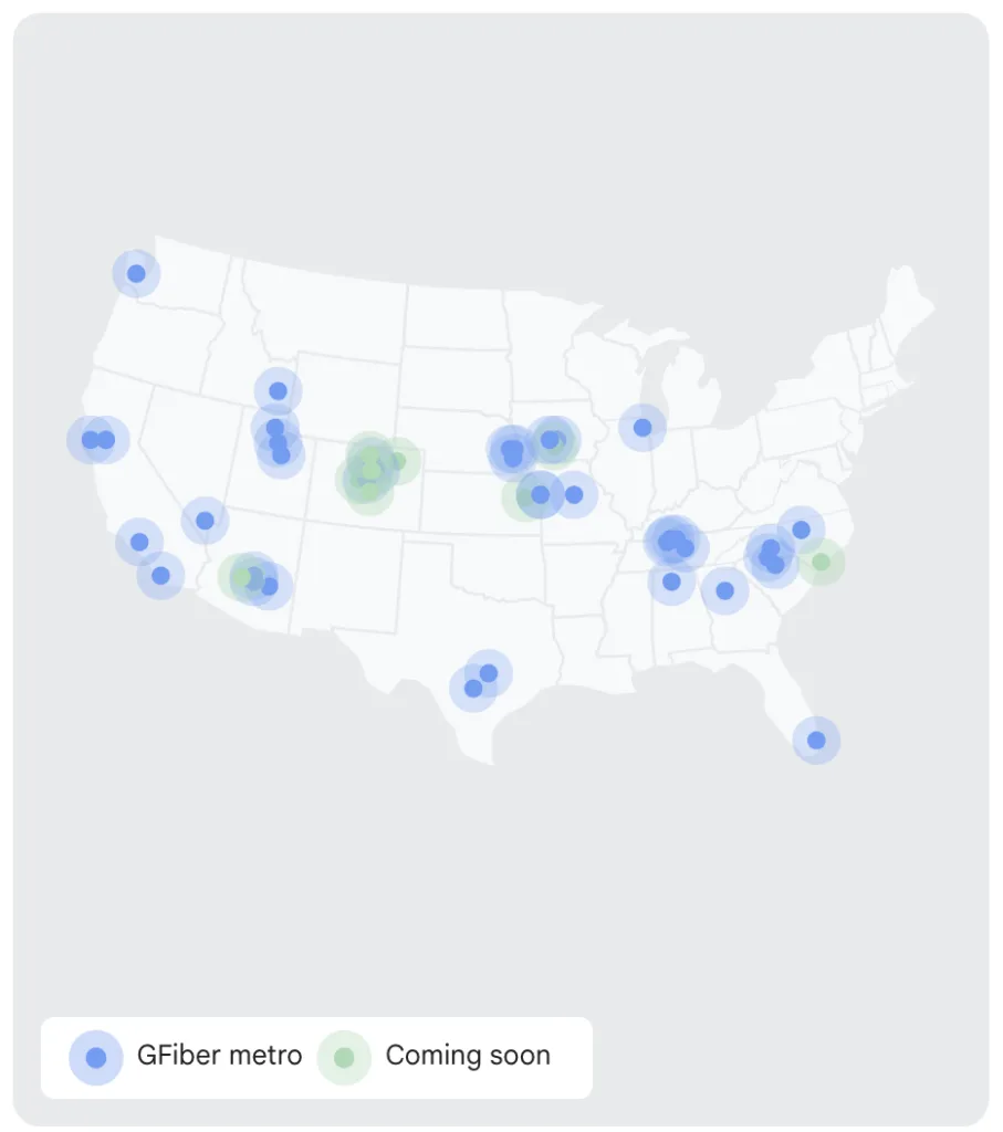 A map of the United States showing GFiber's coverage areas as of 2026.