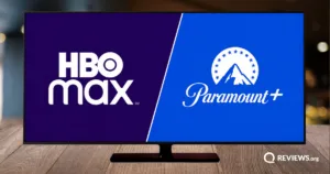 A TV screen split between the HBO Max and Paramount+ logos, displayed side by side, representing the two streaming services merging