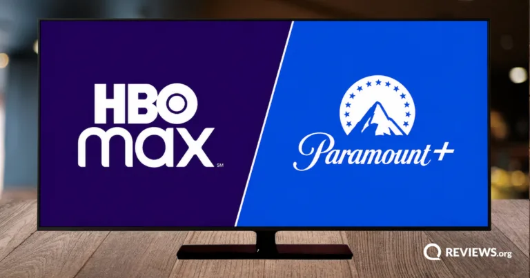 A TV screen split between the HBO Max and Paramount+ logos, displayed side by side, representing the two streaming services merging