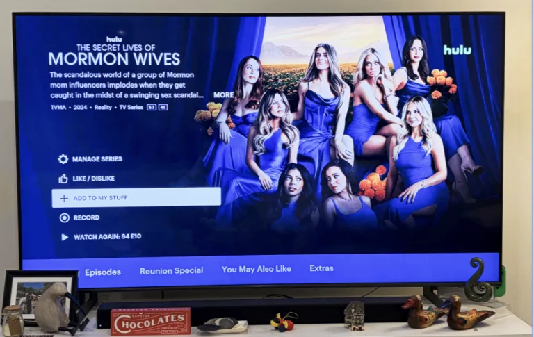 Photo of a TV displaying the Hulu interface on the show page for The “Secret Lives of Mormon Wives,” showing options to manage the series, record, and watch episodes.