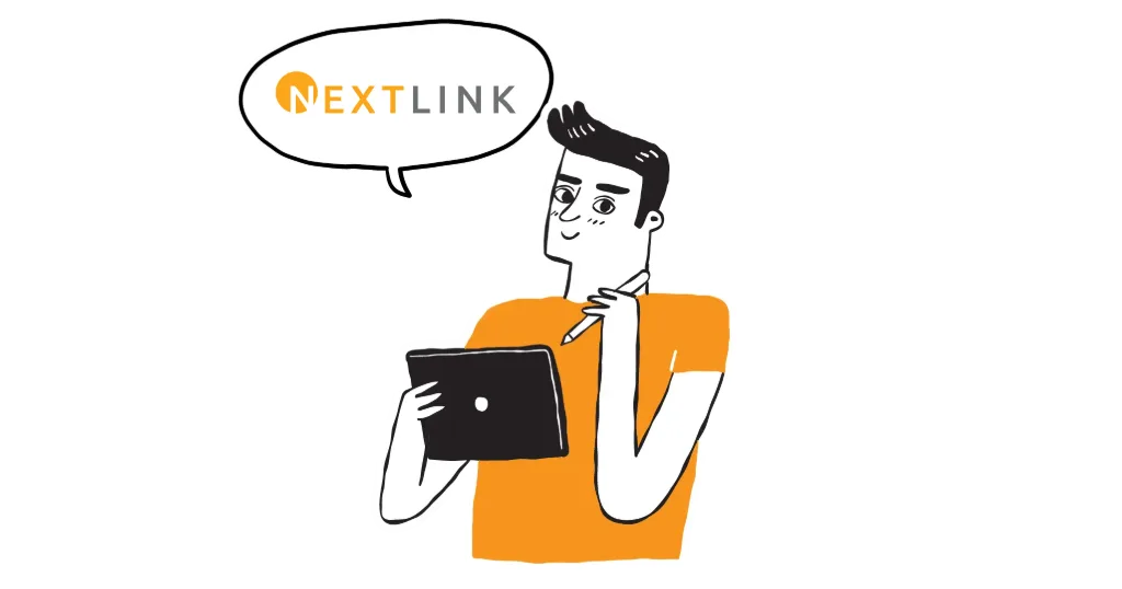 Nextlink logo in speech bubble coming from cartoon man on tablet