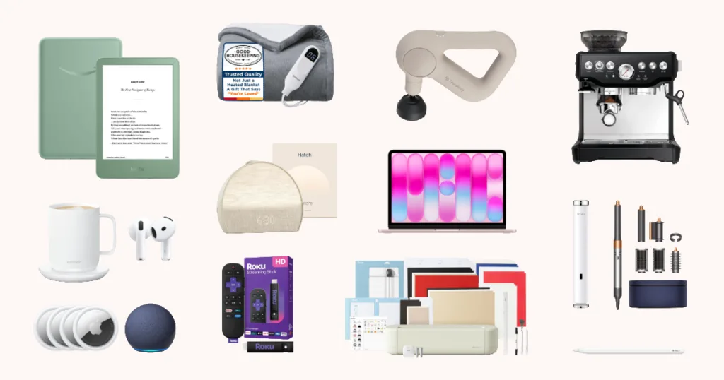A grid of popular consumer tech and lifestyle products displayed on a light background, including a sage green Kindle e-reader, a gray heated blanket with controller, a beige massage gun, a black espresso machine, a white Ember mug, white AirPods, a Hatch Restore sunrise alarm clock, a MacBook Air with a colorful display, a Dyson Airwrap styling set, a 4-pack of Apple AirTags, an Amazon Echo Dot, a Roku HD Streaming Stick, and a Cricut machine bundle with colorful accessory mats.