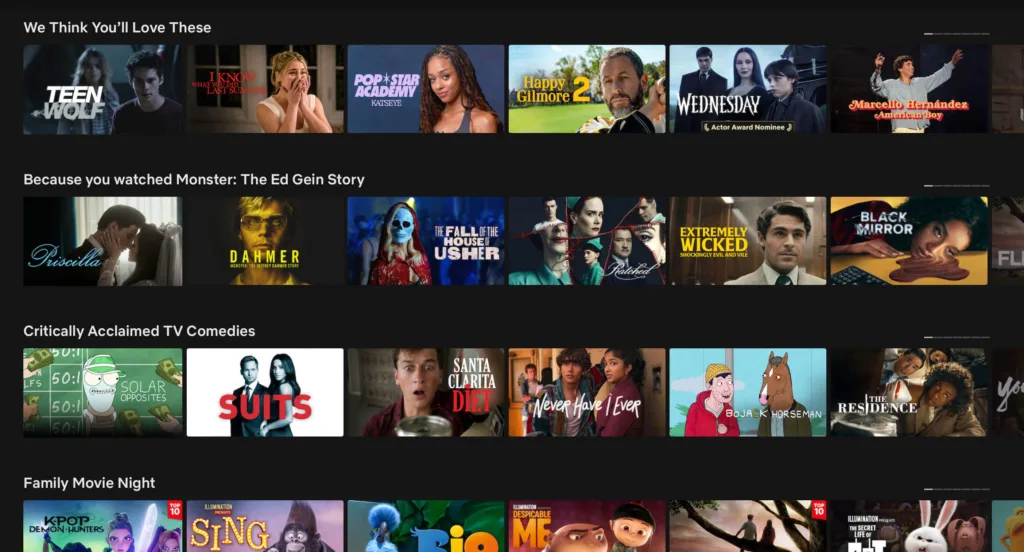 Screenshot of Netflix’s content library showing suggested shows based on viewing history, comedies, and movies.