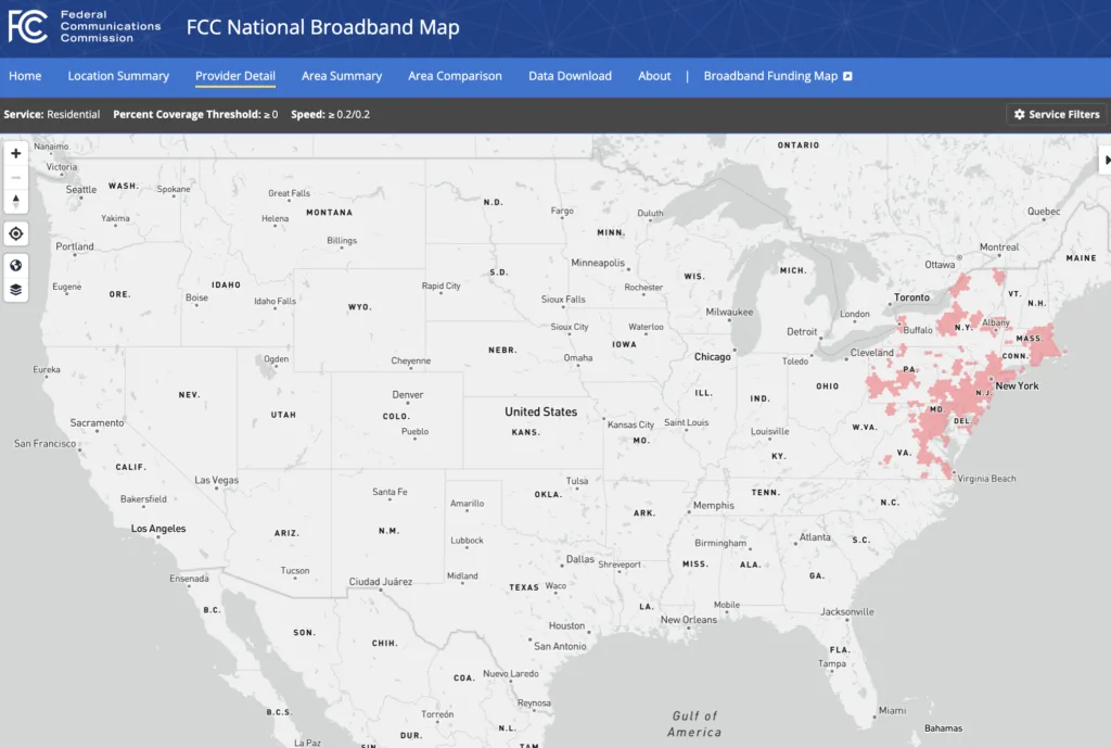 Screenshot of Verizon Fios coverage map from Federal Communications Commission