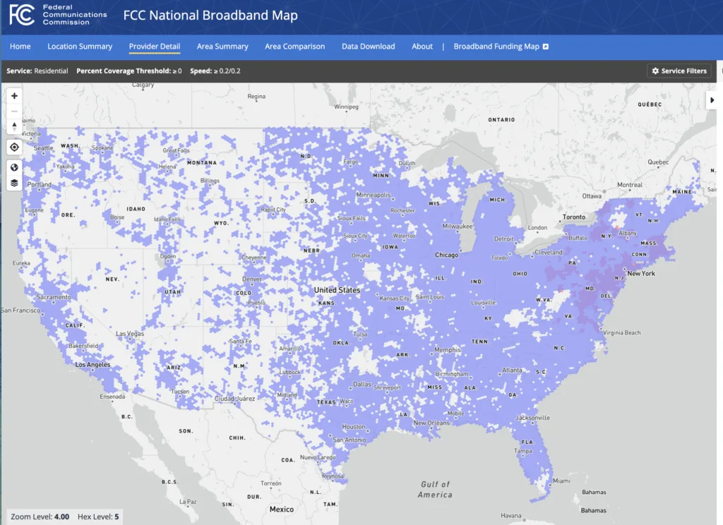 Screenshot of Verizon coverage map from FCC National Broadband Map