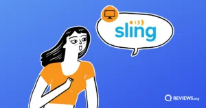 Cartoon woman with a speech bubble displaying the Sling TV logo.