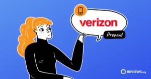 Cartoon woman gesturing towards speech bubble with Verizon prepaid logo.